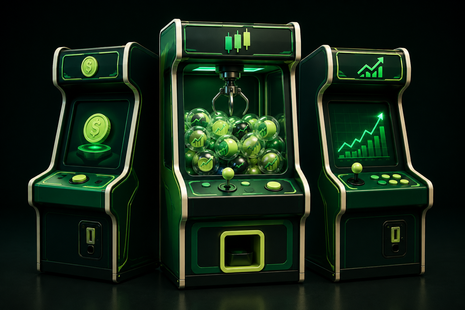 Three emerald and lime arcade machines with a stock prize claw at the center